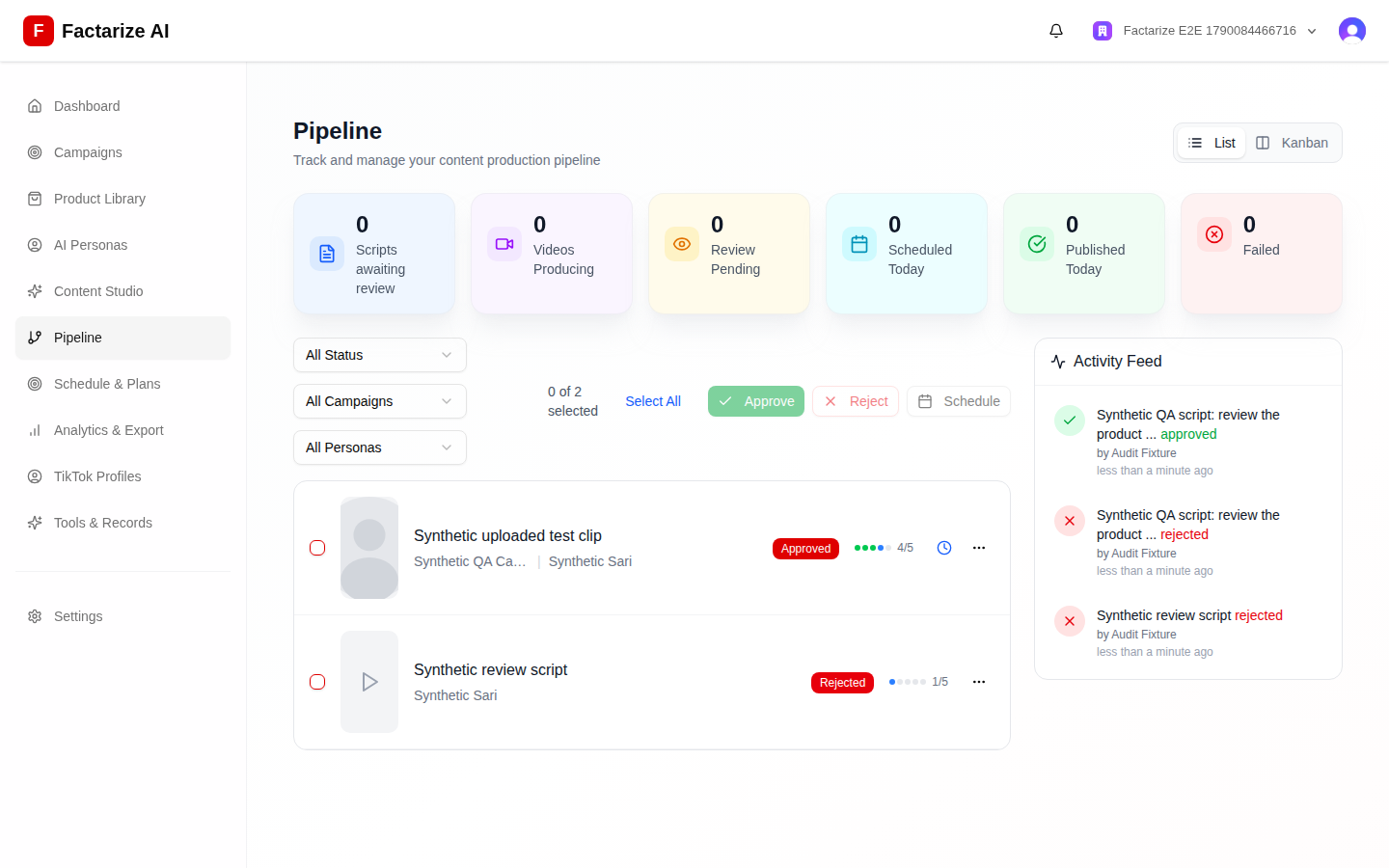 Application Pipeline showing review states and activity history with test data